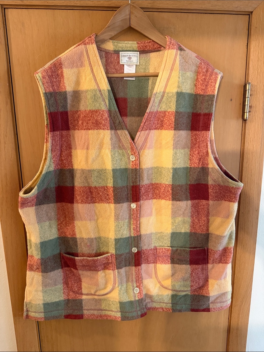 Susan Bristol Casuals Women's Multicolor Plaid Fleece Vest Yellow Red Green XL